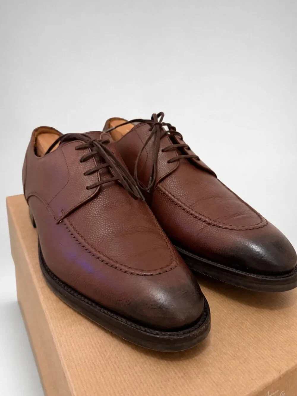 J Fitzpatrick Men's Brown Pebbled Grain Leather Derby Shoes Sz 8.5 E